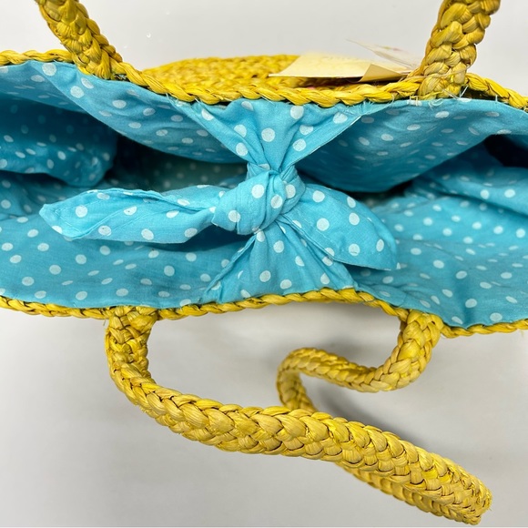 Woven Tote Beach Bag Large Bow Tie Embroidery Polka Dot Lined Yellow NWT Boho - Picture 8 of 13